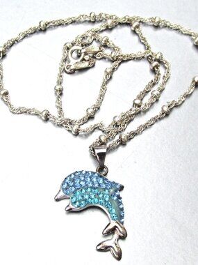 Vintage Sterling Silver Blue Rhinestone Jumping DOLPHINs Pendant Necklace